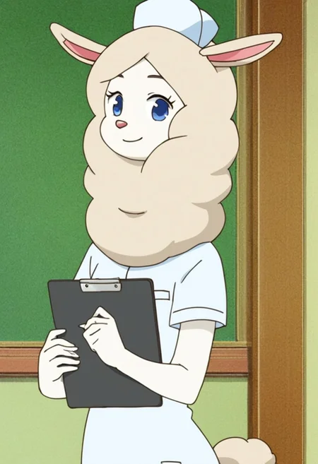 score_7_up, score_8_up, score_9, masterpiece, high quality, source_anime,
Shirakawa, anime style, furry, anthro alpaca, alpaca ears, white body, pale wool, female, solo, 1girl, 
blue eyes, pink nose,
nurse outfit, nurse hat,
smiling, holding black clipboard,
standing,  upper body