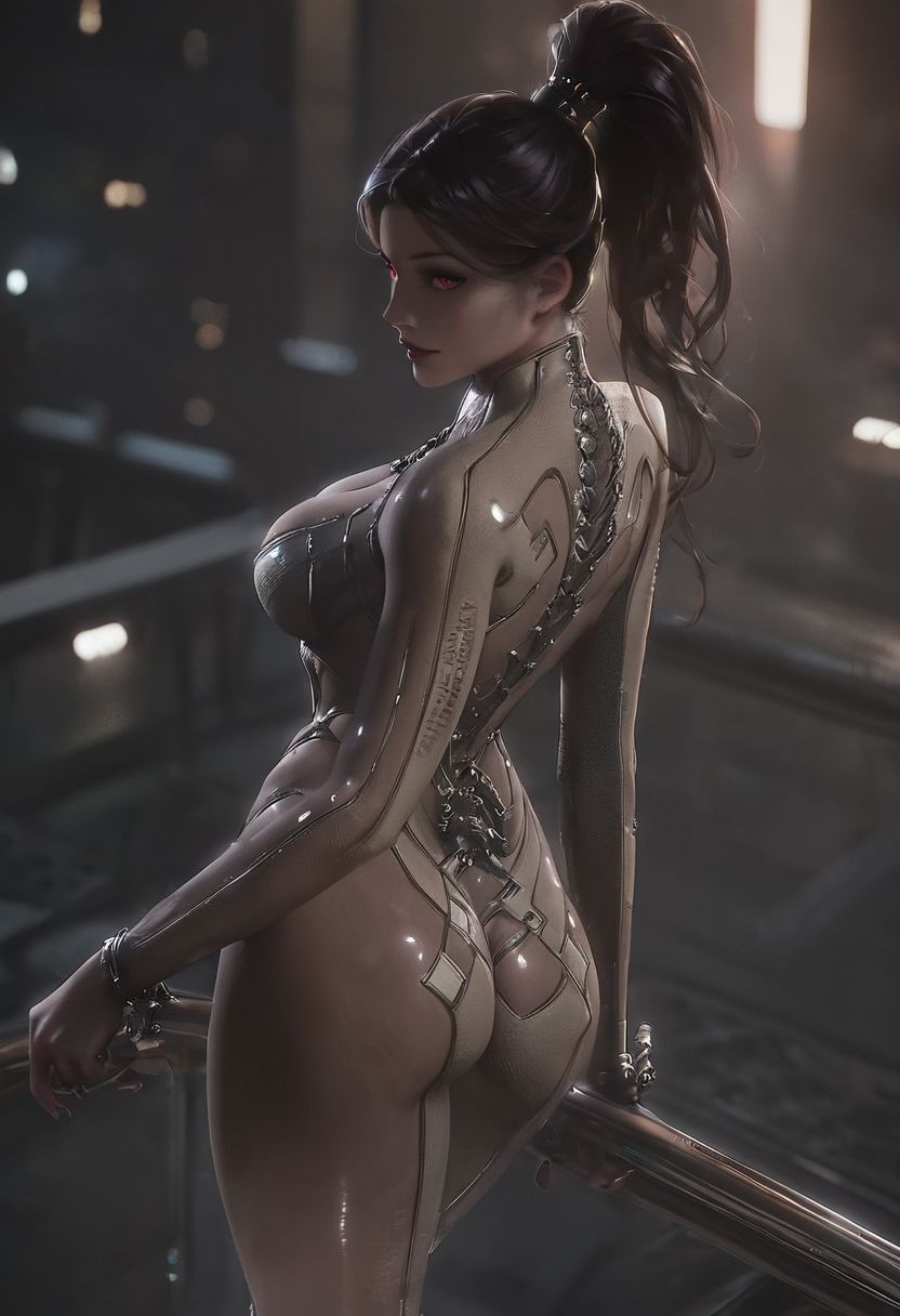 score_9, score_8_up, score_7_up, (((intricate angle, aerial view, aerial shot))) , digital art, portrait, realistic 3D illustration, ruined city in background, sunset light, 1girl, sexy pose, on skyscraper roof, red eyes, extremely long brown hair, high ponytail, , sly eyes, lust eyes,   skinbodysuit, bodysuit, natural breast, large breasts, hourglass figure, narrow waist, wide hips, perfect thighs, lust girl, lust, high detailed hair, cinematic lighting,  high-resolution, high detailed texture, cinematic lighting, looking back at viewer, blurred background,  concept art, realistic, dark theme, low light,
