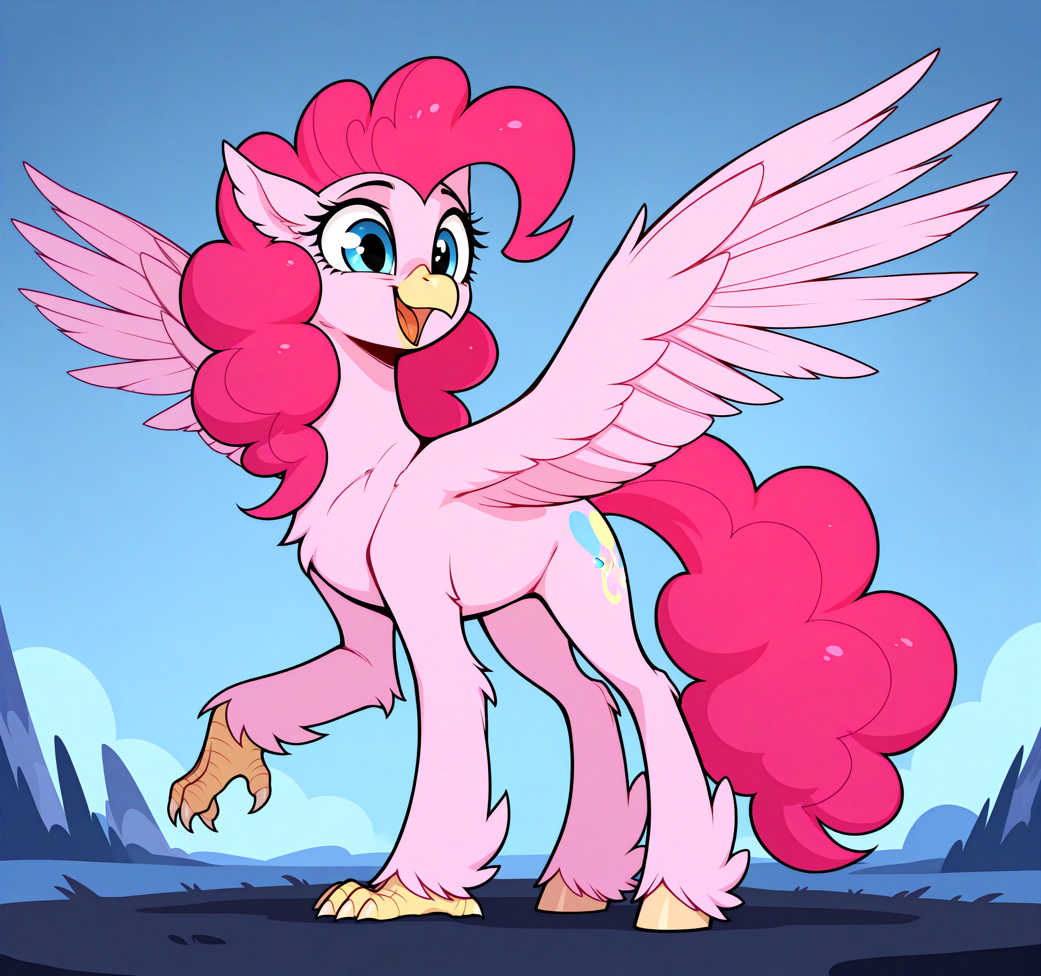 masterpiece, best quality, very aesthetic <lora:MLP-Hippogriff_Illustrious:0.7> hippogriff, classical hippogriff, wings, feral, my little pony, beak, claws, hooves, Pinkie Pie, looking back at you, in cloudsdale, spread wings, fear