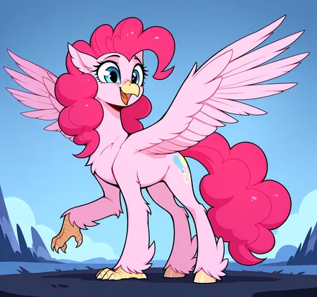 masterpiece, best quality, very aesthetic <lora:MLP-Hippogriff_Illustrious:0.7> hippogriff, classical hippogriff, wings, feral, my little pony, beak, claws, hooves, Pinkie Pie, looking back at you, in cloudsdale, spread wings, fear