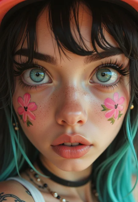 Hyperrealism, extreme close-up Portrait of a beautiful, stunning unique female character. She has large turquoise eyes filled with joy and excitement, extravagant eyelashes, making this image a masterpiece of photography and digital art. Style: realistic hyper-detailed rendering, 32k UHD, expressive eyes, punk, graphic design, pink hibiscus tattoo, girl's face, side view, pretty and cute, gleaming lips, white skin, telling a tale of adventure. Exuding confidence and serenity. Vibrant tattoos adorn her sun-kissed skin