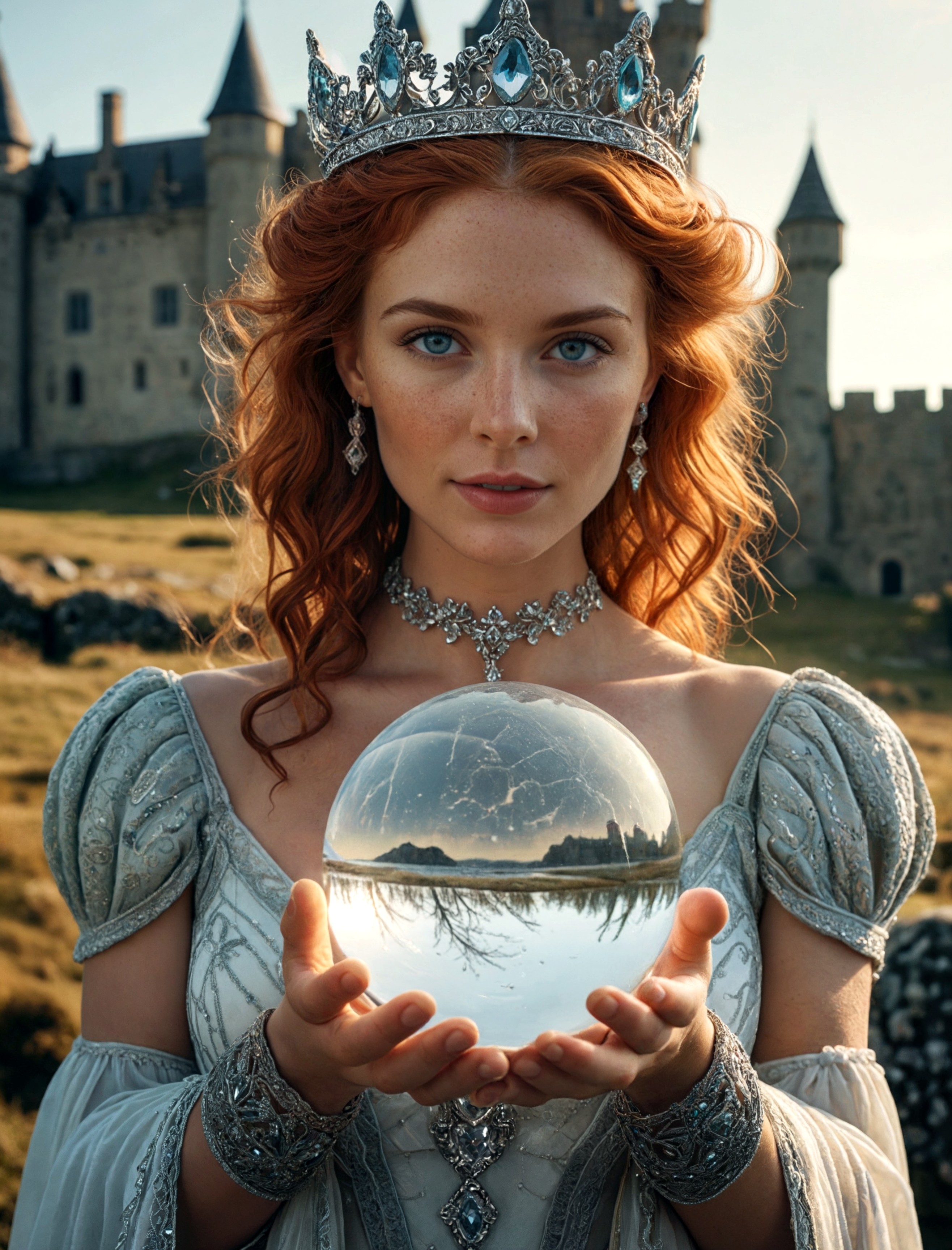 cinematic film still Symmetrical super close up , 1 girl, adult woman, freckles, light blue eyes, ginger textured hair, (looking at the crystal ball in her hand), solo, (full body:0.6), detailed background, close up, cold detailed face, (high fantasy medieval theme:1.1), crystal mage, dynamic pose, elemental rock themed clothes, crystal crown,  , icy landscape background, (shallow water:0.7), intense epic ethereal atmosphere, backlighting, reflections, updraft, ((Holding a magical crystal ball with a view to a bedroom inside)) (wearing The Heat Of The Ocean Diamond necklace)  ((stood on moorland outside a detailed medieval castle in the background)) <lora:- SDXL - vntblk_vanta_shapes_V1.0:0.48> ((wearing a cystal glass crown on her head) and ((wearing lingerie amour made of Crystals))  ((big smiling mischievously))  <lora:d\EnvyZoomSliderXL01:0.45> (medium boobs) (sunset golden hour), cinematic, colorful background, concept art, 8k, dramatic lighting, high detail, highly detailed, hyper realistic, intricate, intricate sharp details, octane render, smooth, studio lighting, trending on artstation., cinematic  photorealistic, 8k uhd natural lighting, raw, rich, intricate details, key visual, atmospheric lighting, 35mm photograph, film, bokeh, professional, 4k, highly detailed . shallow depth of field, vignette, highly detailed, high budget, bokeh, cinemascope, moody, epic, gorgeous, film grain, grainy
