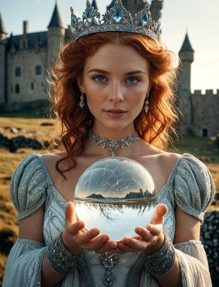 cinematic film still Symmetrical super close up , 1 girl, adult woman, freckles, light blue eyes, ginger textured hair, (looking at the crystal ball in her hand), solo, (full body:0.6), detailed background, close up, cold detailed face, (high fantasy medieval theme:1.1), crystal mage, dynamic pose, elemental rock themed clothes, crystal crown, , icy landscape background, (shallow water:0.7), intense epic ethereal atmosphere, backlighting, reflections, updraft, ((Holding a magical crystal ball with a view to a bedroom inside)) (wearing The Heat Of The Ocean Diamond necklace) ((stood on moorland outside a detailed medieval castle in the background)) <lora:- SDXL - vntblk_vanta_shapes_V1.0:0.48> ((wearing a cystal glass crown on her head) and ((wearing lingerie amour made of Crystals)) ((big smiling mischievously)) <lora:d\EnvyZoomSliderXL01:0.45> (medium boobs) (sunset golden hour), cinematic, colorful background, concept art, 8k, dramatic lighting, high detail, highly detailed, hyper realistic, intricate, intricate sharp details, octane render, smooth, studio lighting, trending on artstation., cinematic photorealistic, 8k uhd natural lighting, raw, rich, intricate details, key visual, atmospheric lighting, 35mm photograph, film, bokeh, professional, 4k, highly detailed . shallow depth of field, vignette, highly detailed, high budget, bokeh, cinemascope, moody, epic, gorgeous, film grain, grainy