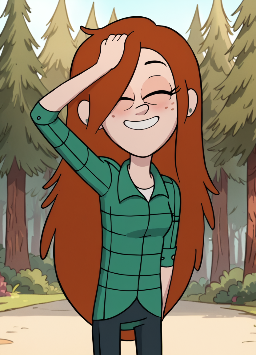 <lora:WendyCorduroyPony1.0:1>wendy, long hair, 1girl, orange hair, solo, green shirt, freckles, earrings, smile, pants, tree, outdoors, looking at viewer, cowboy shot,, score_9, score_8_up, score_7_up, score_6_up, score_5_up, score_4_up arms behind back, hand in own hair, closed eyes, blush,
