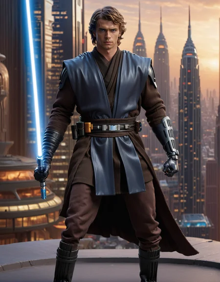 (full body 1.5) Hyper-realistic photo of Anakin Skywalker Jedi <lora:Anakin_Skywalker_Jedi:0.7> holding a blue lightsaber with Perfect Hands <lora:Perfect Hands:0.8> Perfect Hands, wearing CloneWars outfit, exhibits acrobatic prowess on the futuristic spectacular city planet Coruscant, ((background of densely populated futuristic cyberpunk city planet)), ((battle with stormtroopers)), street level, tall skyscrapers,  (intricate:1.5), (highly detailed:1.4), octane render, sharp focus, art by artgerm, (loish:0.23) , wlop ilya kuvshinov, and greg rutkowski and alphonse mucha, (global illumination, studio light, volumetric light),