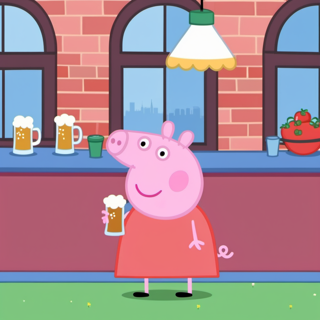 cinematic photo peppa pig  have a beer in a pub <lora:Peppa1024:0.8> . 35mm photograph, film, bokeh, professional, 4k, highly detailed