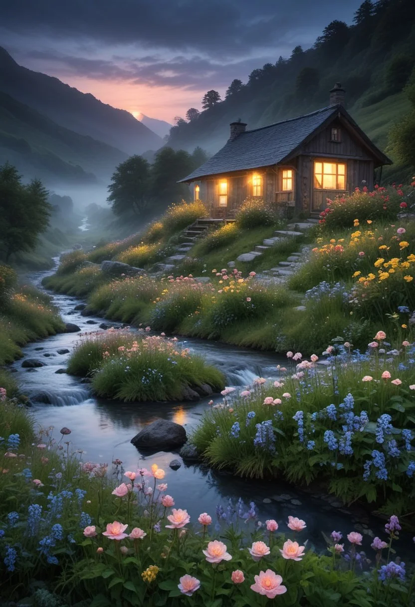 A quiet, flower-filled valley at dusk, streams flowing softly, small cottages scattered, with mist settling around the vibrant, magical landscape. bioluminescent, glowing