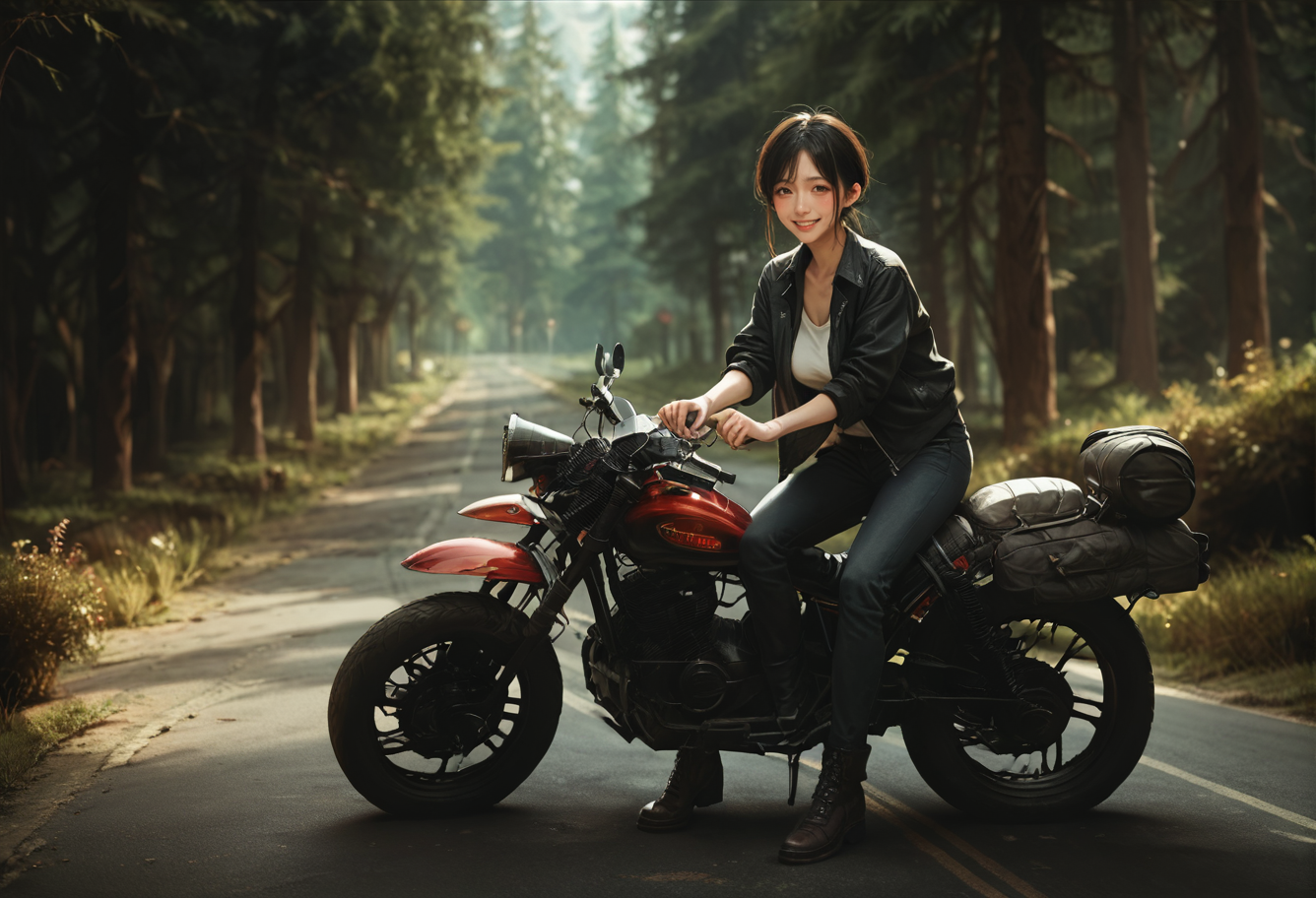 ,ruanyi0960,motorcycle,outdoors,forest,
standing,<lora:0960 Motorcycle parked on forest road_v1_pony:0.8>, score_9, score_8_up, score_7_up, score_6_up, score_9, score_8_up, score_7_up, score_6_up source_anime, blush, 1girl, seduce smile, perfect body , natural huge breasts