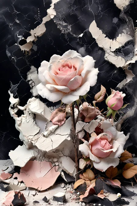 Smoke rose. Broken white plaster. Broken marble. Dirt, Dust. <lora:xl_more_art-full_v1:1> <lora:add-detail-xl:3> <lora:Linocut_Style:1>