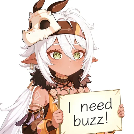 1girl, 14ns4n, dark skin, long hair, white hair, hair between eyes, green eyes, pointy ears, mask on head, headband, earrings, low twintails, tattoo, fur trim, dress, top, detached sleeves, necklace, white background, need_buzz, holding sign