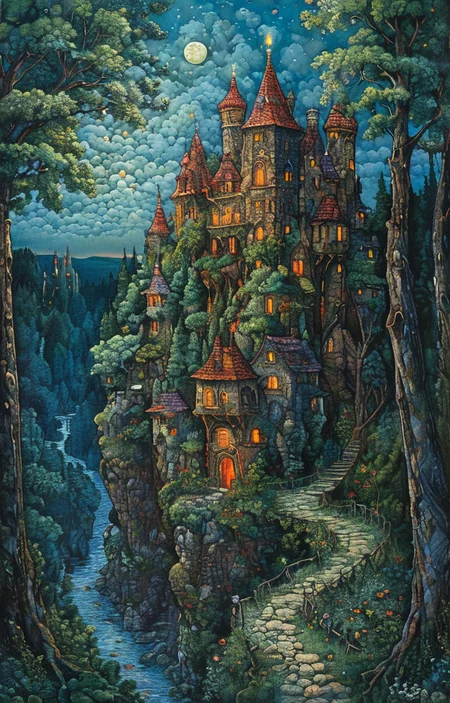 masterpiece,best quality,<lora:tbh179-sdxl:0.9>,illustration,style of David Welker,A strange castle in the forest,