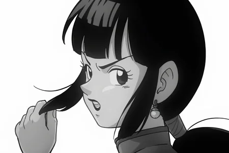source_anime, score_9, score_8_up, score_7_up, anime screencap, absurdres, official style,
chi-chi black,
1girl, solo, long hair, black hair, sidelocks, blunt bangs, ponytail, black eyes, eyelashes, sleeveless dress, potara earrings, black dress, from side, chinese clothes, china dress, greyscale, monochrome, looking back at viewer, open mouth, teeth, v-shaped eyebrows, simple background, white background, breasts, annoyed, hand in own hair, portrait, close-up, black lips
<lora:chichiDBS_pony_v1:0.8>