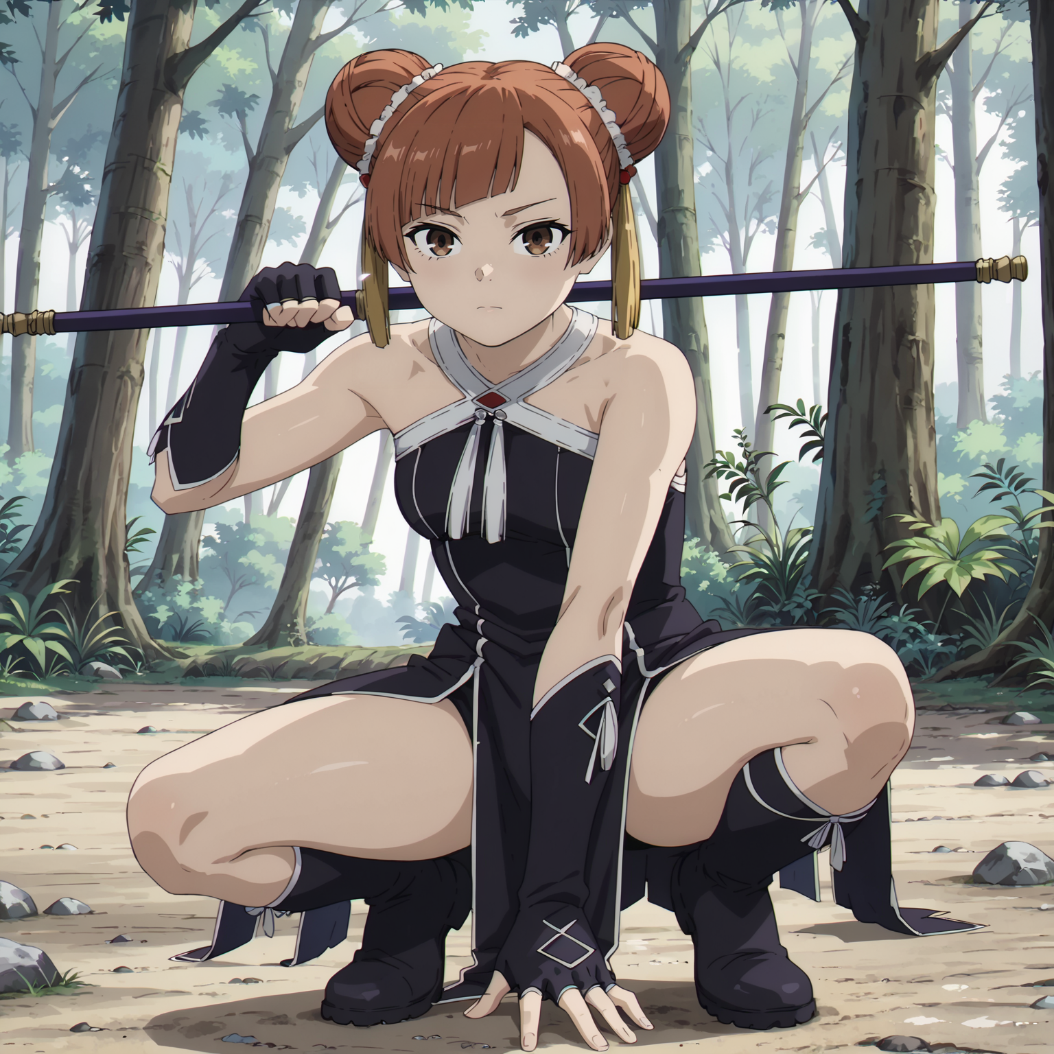 <lora:LaufenXL004>,<lora:DetailedEyes_V3:1.6>,looking at viewer,
solo,
anime screencap,
score_9,score_8_up,
Laufen,1girl,brown hair,short hair,double bun,brown eyes,yellow hairornament,
black dress,bare shoulders,
gloves,
pelvic curtain,
boots,
nature,sunbeams,forest,
full body,fighting_stance,holding polearm,squatting,one knee,spread legs,