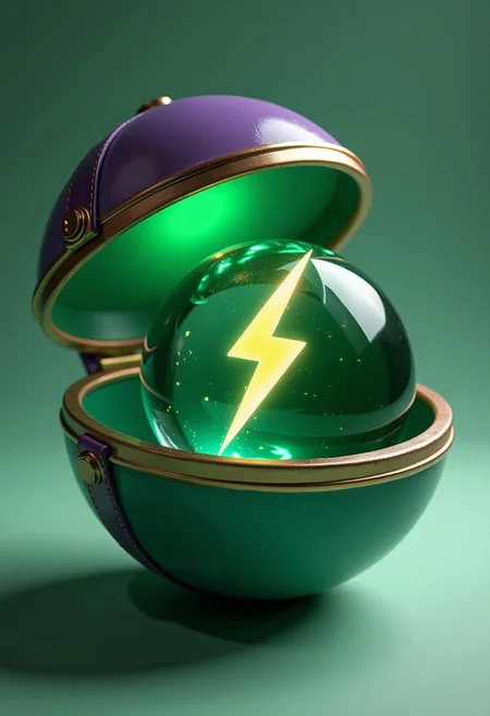 an open emerald pokeball with purple leather trim, light reflects on the inside showing off facets of the crystal pokeball, 3d lightning bolt in the Pokeball, text under the picture "ready to capture some buzz"
