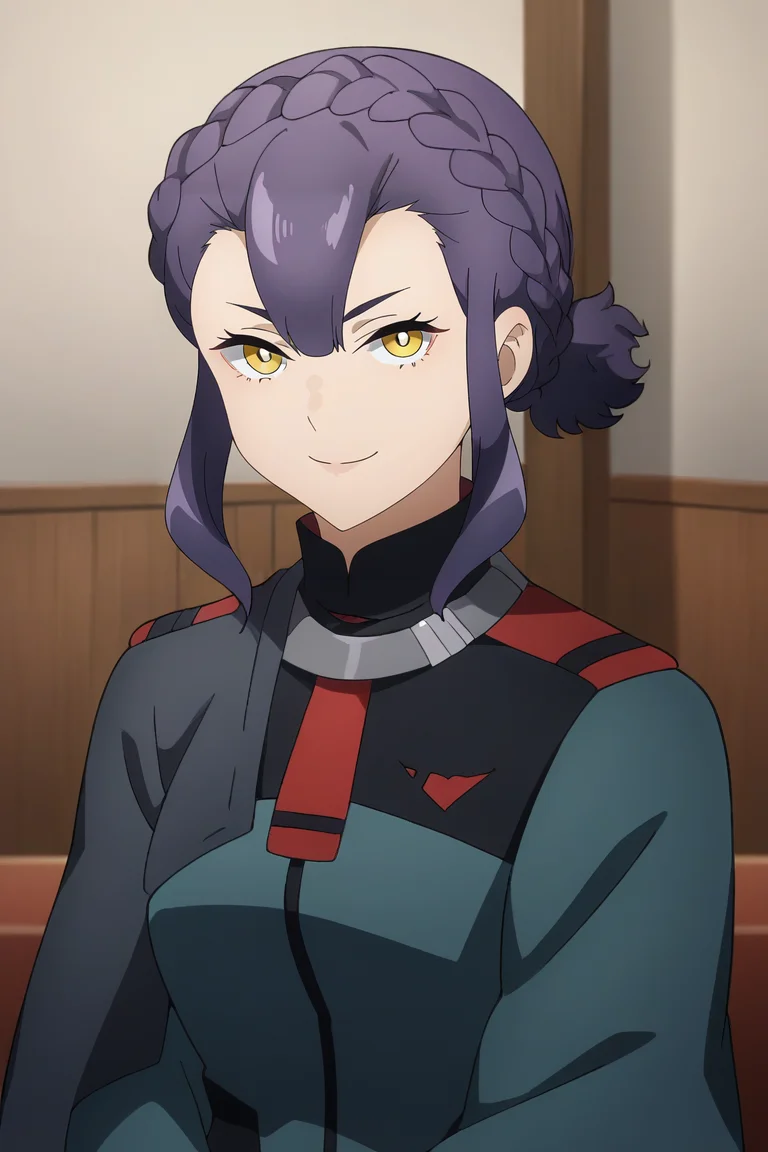 <lora:Sabina_Fardin:1>,sabina,1girl,braid,yellow eyes,purple hair,uniform,upper body,looking at viewer,smile,indoors
