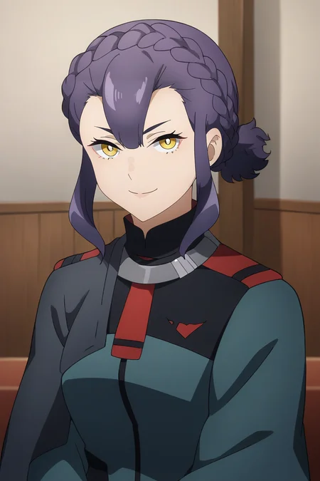 <lora:Sabina_Fardin:1>,sabina,1girl,braid,yellow eyes,purple hair,uniform,upper body,looking at viewer,smile,indoors