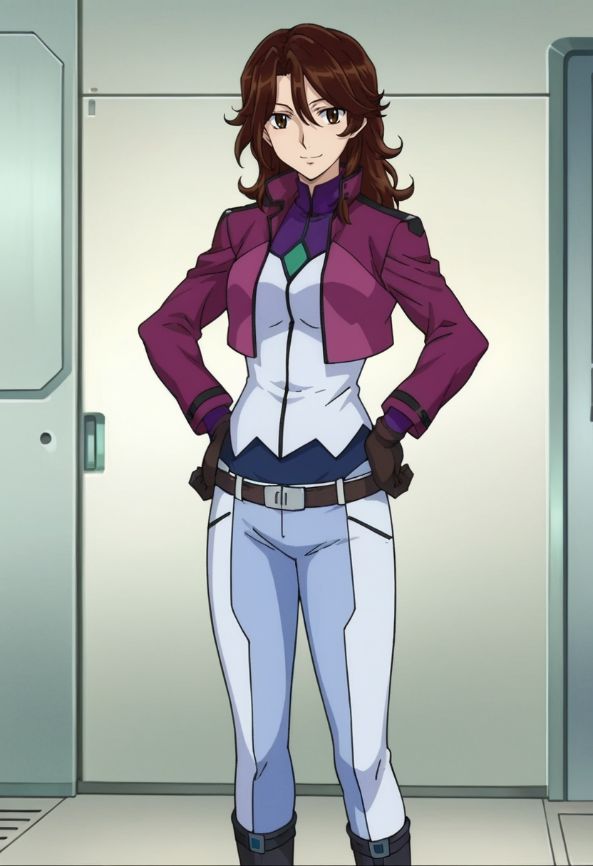 score_9,score_8_up,score_7_up,score_6_up,score_5_up,score_4_up,anime coloring BREAK source_anime,anime,<lora:Sumeragi_Lee_Noriega_Gundam_00_Pony:0.8>,sumeragi,1girl,solo,brown eyes,brown hair,long hair,hair between eyes,cb uniform,cropped jacket,blue pants,belt,brown gloves,black boots,smile,standing,hands on hips,indoors,looking at viewer,