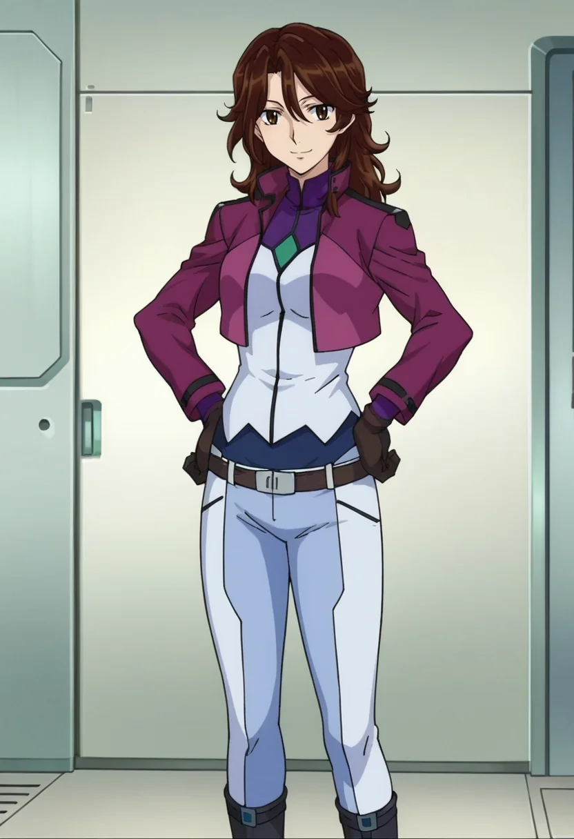 score_9,score_8_up,score_7_up,score_6_up,score_5_up,score_4_up,anime coloring BREAK source_anime,anime,<lora:Sumeragi_Lee_Noriega_Gundam_00_Pony:0.8>,sumeragi,1girl,solo,brown eyes,brown hair,long hair,hair between eyes,cb uniform,cropped jacket,blue pants,belt,brown gloves,black boots,smile,standing,hands on hips,indoors,looking at viewer,