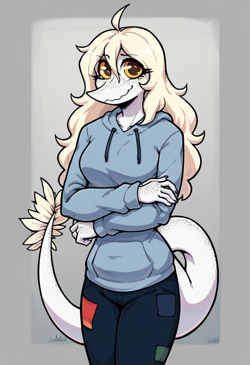 score_9, score_8_up, score_7_up, score_6_up, score_5_up, score_4_up, judee, 1girl, solo, tail, blonde hair, freckles, ahoge, pants, smile, hood, socks, long hair, colored skin, lizard tail, hoodie, looking at viewer, crossed arms, shirts, <lora:Judee_Snoot_Game:1>