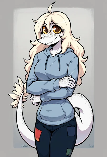 score_9, score_8_up, score_7_up, score_6_up, score_5_up, score_4_up, judee, 1girl, solo, tail, blonde hair, freckles, ahoge, pants, smile, hood, socks, long hair, colored skin, lizard tail, hoodie, looking at viewer, crossed arms, shirts, <lora:Judee_Snoot_Game:1>