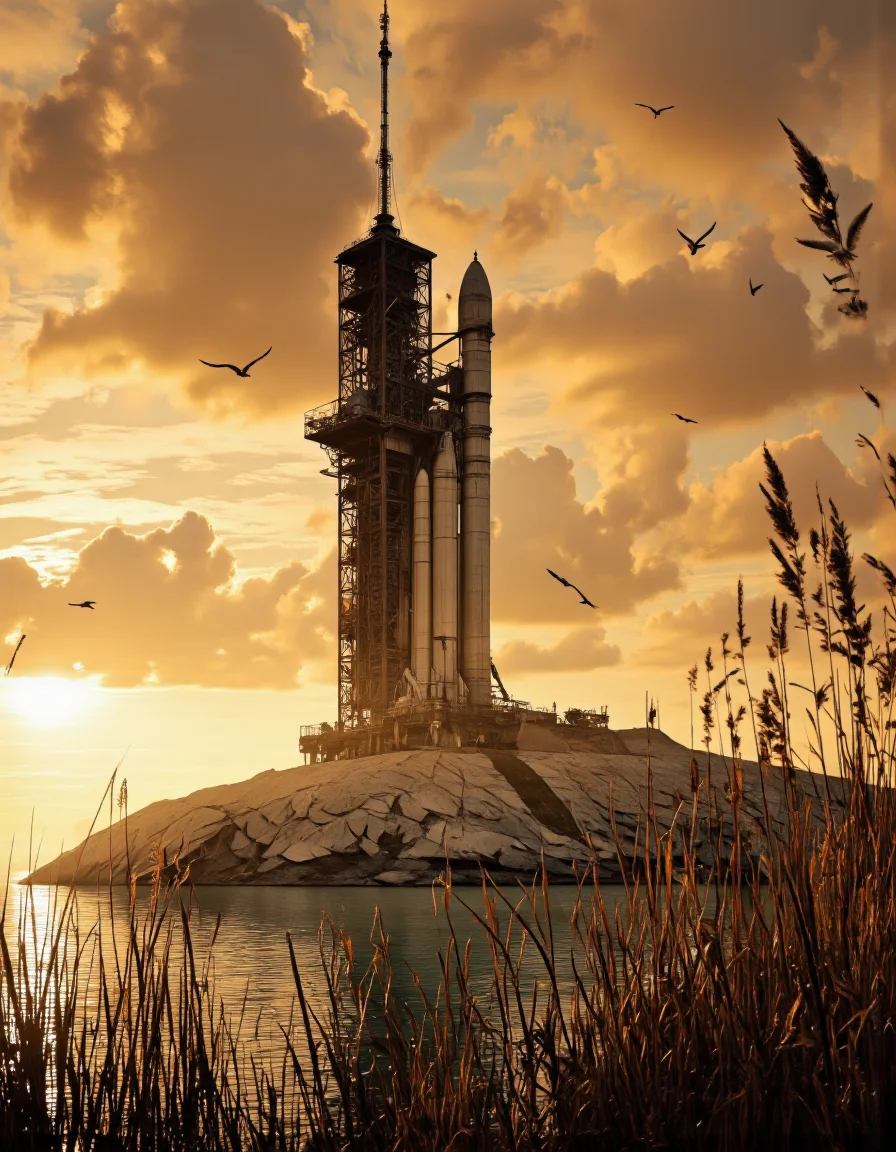 Art by Ronan Le Fur. A photo-realistic shoot from a far camera angle about a sunset scene featuring a large, metallic rocket sitting on top of a rocky launch pad, surrounded by tall grasses. the rocket is positioned on the right side of the image, with the water in front of it. on the left side, there is a tall, industrial structure with a tall tower and several cranes. the sky is filled with orange and yellow hues, and the sun is partially visible in the top left corner. the image also shows seagulls flying around the rocket, adding a sense of movement and energy to the scene. the overall atmosphere is peaceful and serene, with a focus on the rocket and its surroundings.