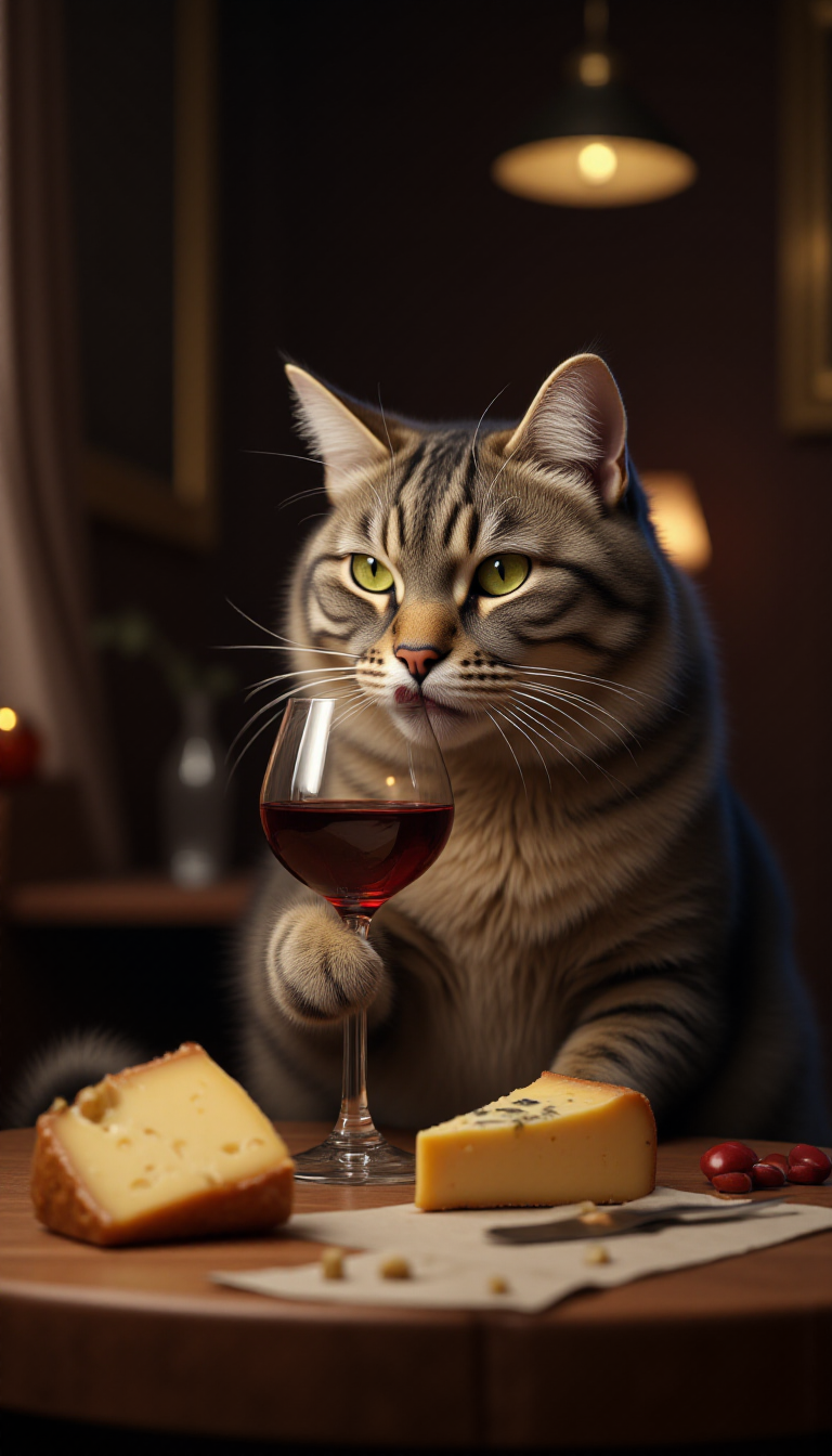 a elegant cat drinking a glass of wine, with cheese on the table, by Ruan Jia