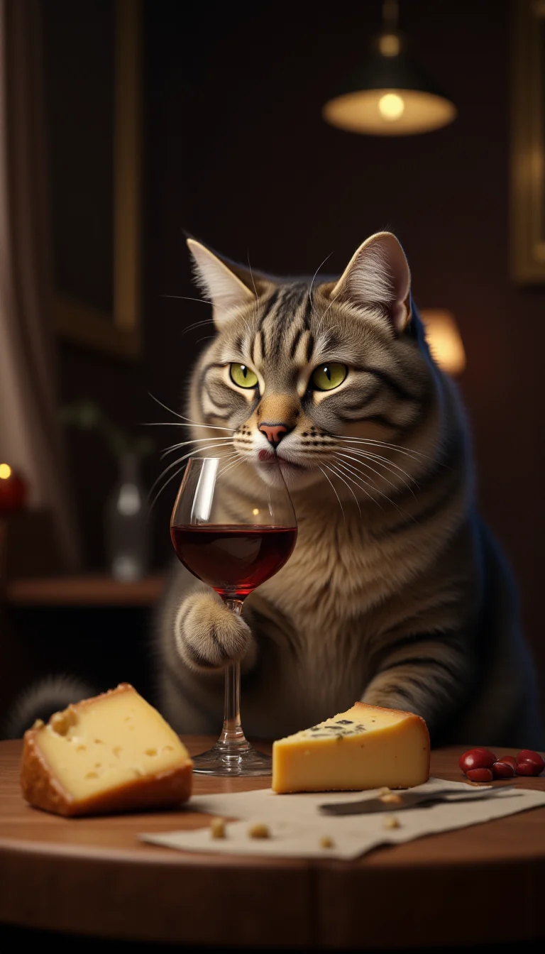 a elegant cat drinking a glass of wine, with cheese on the table, by Ruan Jia
