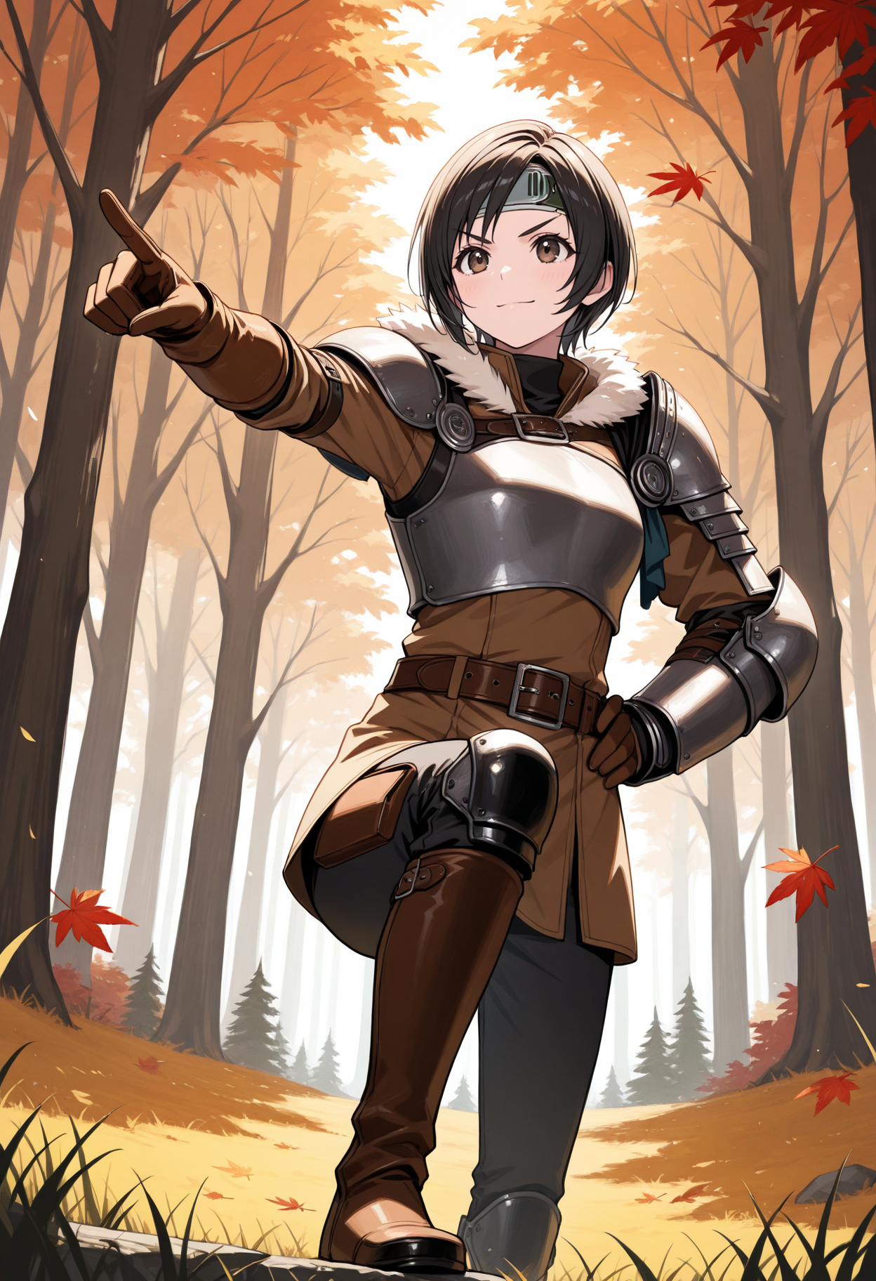 masterpiece, best quality, 1girl, solo, yuff7, short hair, black hair, viking, fur trim, armor, outdoors, forest, nature, tree, autumn, autumn leaves, pointing, outstretched arm, pointing forward, looking ahead, hand on own hip, brown eyes, forehead protector, belt, gloves, grass, knee up, stepping, (from side), v-shaped eyebrows, closed mouth, light smile