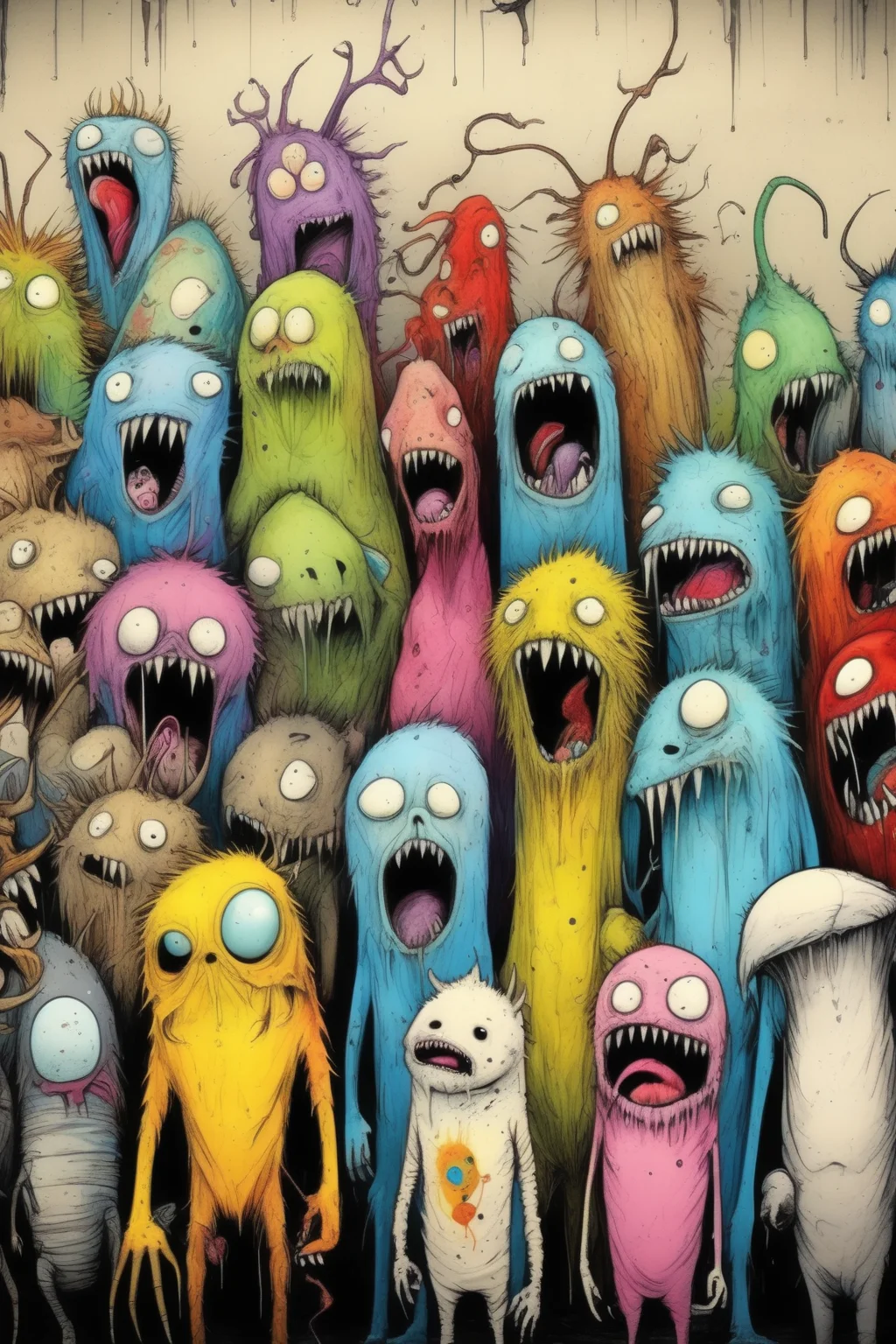 <lora:Alex Pardee Style:1>Alex Pardee Style - zoo, animals, all lined up, hanging outside of a photography studio, Alex pardee, art style and Jeremy fish art style design