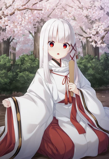 masterpiece,best quality,amazing quality,absurdres,aesthetic,newest,odairisama
kagome \(haison\),1girl, solo,
open mouth, red eyes, wide-eyed, :o, surprised,
white hair, absurdly long hair, straight hair, blunt bangs, sidelocks, albino,
red hair ribbon, x hair ornament,
white miko outfit, long sleeves, wide sleeves, sleeves past wrists, ribbon-trimmed sleeves, red obi, red hakama skirt, red flower knot, red tassel,
ritual baton, sitting, seiza,
branch, pink flower, plum blossoms,outdoors,spring (season),
<lora:odairisama_Illust_v1:0.8> <lora:kagome_noob_vpred10_v11:0.85>