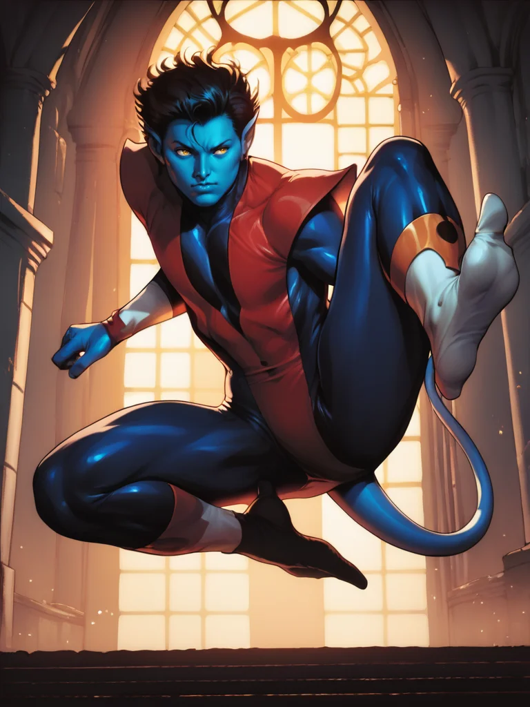 score_9, score_8_up, score_7_up, fighting stance, cowboy shot, dynamic pose, detailed background, dark room, church,
<lora:Nightcrawler_character:1>, NightcrawlerXL, 1boy, blue skin, colored skin, black hair, yellow eyes, bodysuit, tail, retro artstyle,