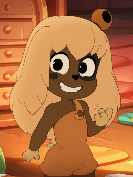 <lora:LilottePony1.1:1> lilotte, solo, 1girl, furry female, long hair, dog ears, black eyes, dog tail, orange overalls, blonde hair, indoors, dog girl, smile, looking at viewer,teeth, cowboy shot, score_9, score_8_up, score_7_up, score_6_up, score_5_up, score_4_up