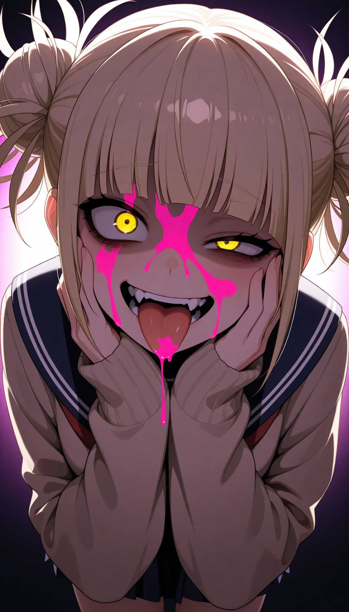 rim light, masterpiece, best quality, amazing quality, very aesthetic, high resolution, ultra-detailed, absurdres, newest, scenery, dark, 1girl, toga himiko, glowing yellow eyes, crazy smile, shaded face, teeth, fangs, (open mouth:1.2), tongue out, lip licking, double bun, crazy eyes, wide-eyed, very big eyes, sanpaku, (uneven eyes:1.2), raised inner eyebrows, (blood covering face, face covered with blood, pink blood:1.4), (hands on own cheek:1.2), school uniform, sleeves past wrists, from above, looking up, pinning down viewer, (dutch angle:1.2), head tilt, twisted torso, leaning forward, (pink:0.7) colorful background, backlighting, wide shot, fisheye, BREAK, hands, fingers, mouth, tongue, ears, detailed tongue, extremely detailed, extremely detailed eyes, delicate hair, shiny skin, volumetric lighting