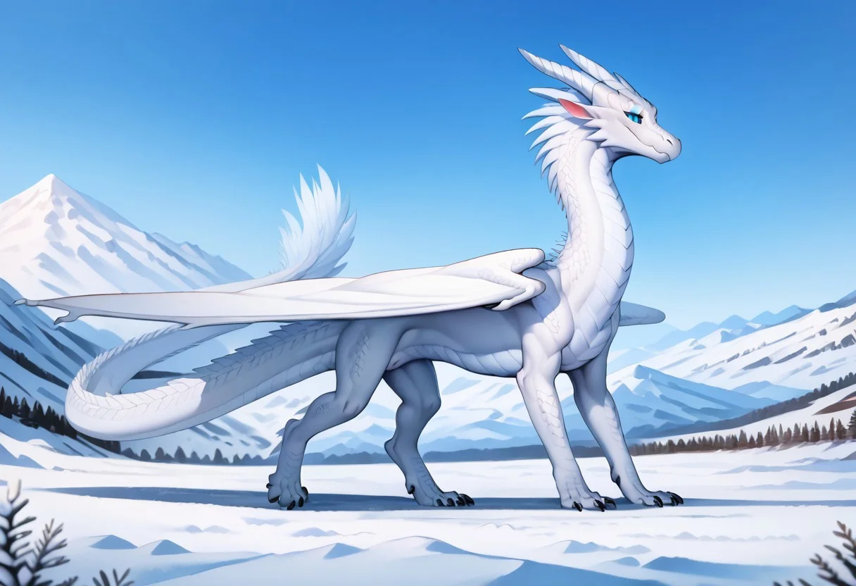 Score_9, score_8_up, score_7_up, score_6_up, score_5_ Feral dragon, female dragon, detailed scales, detailed belly scales white dragon, white scales, blue eyes (best possible eyes), female, tail, white horns, black claws, spikes, naked, cute, cute face, athletic body, tall, digitigrade legs, svelte body, 4 fingers, quadruped, outdoors, snowy mountain, snow, walking, cameltoe, puffy pussy, swolen pussy, cute, innocent, friendly, jovial, welcoming smile, beautiful landscape, very large dragon