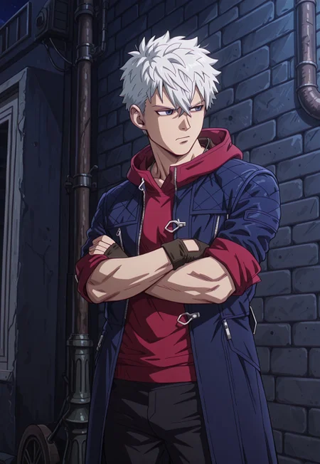 dbstyle, masterpiece, best quality, hyper-Detailed, 1man, solo, male focus, alone, detailed, DMC5Nero ((toned body, fair skin, white hair, hair between eyes, hair over ears, blue detailed eyes,)), ((wearing blue coat with folded sleeves to the elbowl with hood, red sweater, black fingerless gloves, black pants,)), serious, arms crossed, looking away, standing in an alley, night