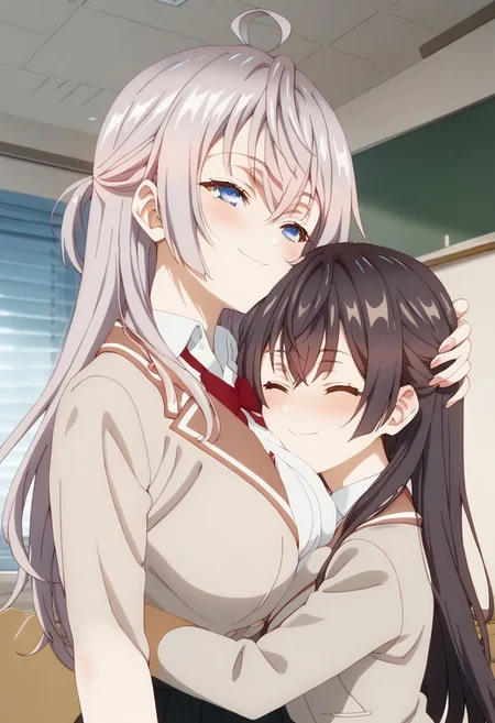 score_9,score_8_up,score_7_up,source_anime,multiple girls, 2 girls, alya_def,blue eyes,closed eyes, breasts, large breasts, breasts open, standing, upper body, smug, smile, blush, indoors, grabbing girl's head, classroom, (1girl,suou_yuki, long hair, brown hair, long hair, breast smother, face to breasts, tapping) blank eyes,Expressiveh,rating: explicit,
,uncensored, megami magazine,official art,masterpiece,best quality,ultra_detailed,highres,absurdres,official art,megami magazine,<lora:neg4all_bdsqlsz_xl_V91:1>,<lora:neg4all_bdsqlsz_xl_V91:1>,zPDXL,zPDXLxxx,