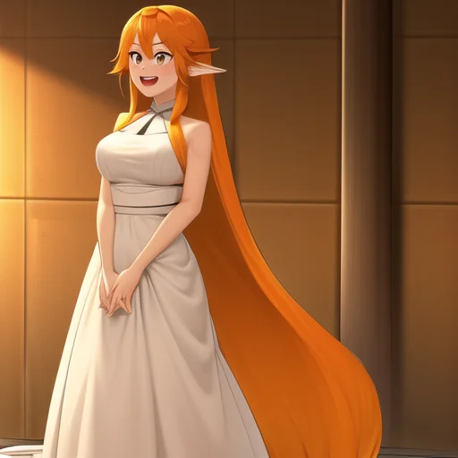 1girl, white dress, tied hair, absurdly long hair, orange hair, freckles, body freckles, :D