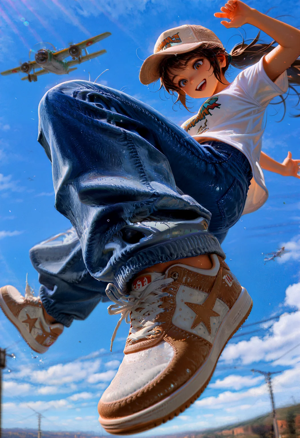 HDR, 8K, high contrast, masterpiece, best quality, amazing quality, very aesthetic, superabsurd res, high resolution, ultra-detailed, absurdres, newest, scenery, (horikoshi kouhei:0.3), (quasarcake:0.3), (wlop:0.3), light rays, chiaroscuro, dynamic angle, foreshortening, full body, foot focus, 1girl, brown hair, long hair, ponytail, blue jeans, denim, oversized t-shirt, white shirt, white shoes, b4pesa_nkrs_illu, hightop sneakers, wet shoes, reflections, trvcker h4t, hat, brown and white headwear, (jumping), floating, leg out, sky, plane flying overhead, clouds, smile, open mouth, looking down, from below, partially illuminated, backlighting, Intricately designed, Mysterious, BREAK, photorealistic, beautiful detailed eyes, detailed skin, detailed hair, volumetric lighting, dappled light, light particles, dramatic shadows, cinematic lighting, photo background, (depth of field:1.1), <lora:IL\touching_grass_v0.2:0.5> <lora:IL\KMS_Trucker_Hat_IL-000021:1> <lora:IL\b4pes4:1>