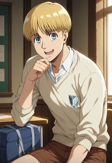 masterpiece, best quality, , anime screencap, , , looking at viewer, depth of field, 1boy, solo, male focus, <lora:armin_arlert_ilxl:0.92>, armin_arlert, blonde hair, blue eyes, very short hair, bowl cut, , paradis military uniform, asymmetrical, school, indoors, slouching, laughing, Terry cloth Lilac Tailored board shorts, Lace Abstract SageGreen Half-zip sweater, , , School Bag