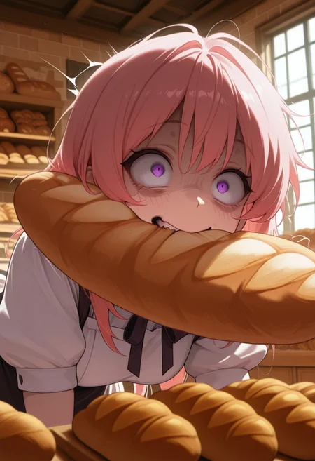 masterpiece, best quality, amazing quality, 1girl, CivChan, purple eyes, pink hair, solo focus, motion lines, upper body, crazy eyes, wide-eyed, constricted pupils, rapid, biting baguette, bak3ry, bakery, indoors, shop, bread, baguette, window, on all fours,