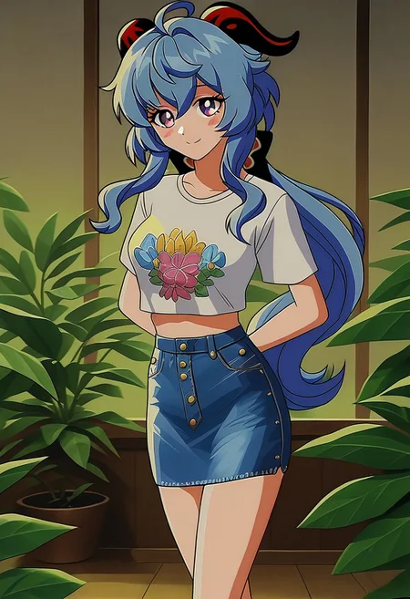 ganyu, 1girl, solo, horns, long hair, blue hair, ahoge, skirt, looking at viewer, smile, shirt, crop top, denim skirt, blush, purple eyes, sidelocks, alternate costume, medium breasts, plant, indoors, multicolored eyes, closed mouth, goat horns, gradient eyes, detailed textured clothing, PopArtPDXL zPDXL