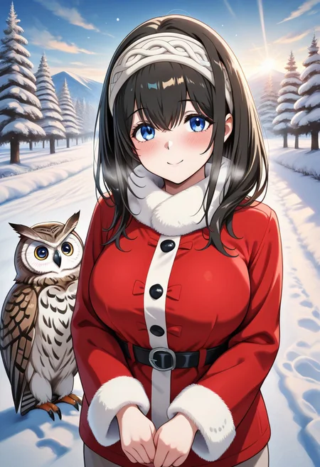 masterpiece, best quality, newest, absurdres, highres, anime,
fumika sagisawa, blue eyes, black hair, long hair, large breasts,
1girl, blush, smile,
winter clothes,
outdoors, winter,
Animal Christmas, cute animal, owl,