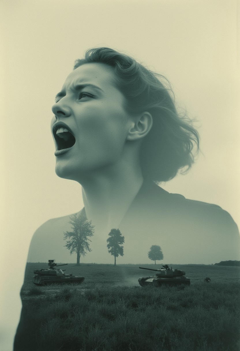 "A double-exposure photograph: a screaming face overlapping with a still meadow, soft pinks and blues blending into gritty black-and-white, tanks looming like ghosts, a raw, shaky handheld feel, dreamy yet unsettling." cinematic_1940s cinematic_octane