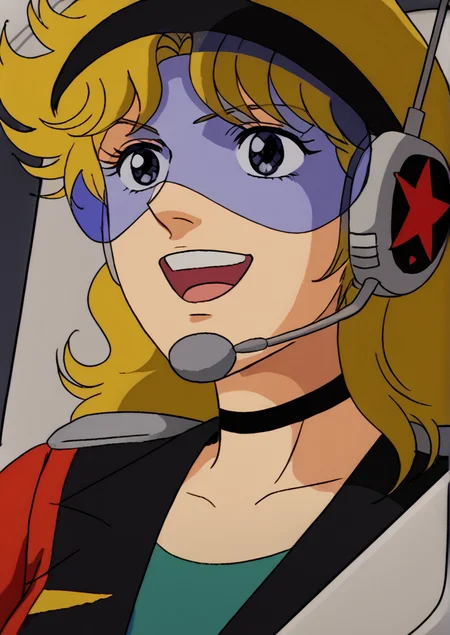 R3mY5hiMada, score_8_up, score_7_up, retro artstyle, source_manga, rating_safe, <lora:Remi_Shimada_-_GoShogun_Macron1_1981_-_Pony:0.8>, Remy, long hair, blonde hair, dark eyes, helmet, visor, headset microphone, black choker, smile expression, mouth open, red and black suit, green t-shirt, upper body, break, in a pilot seat