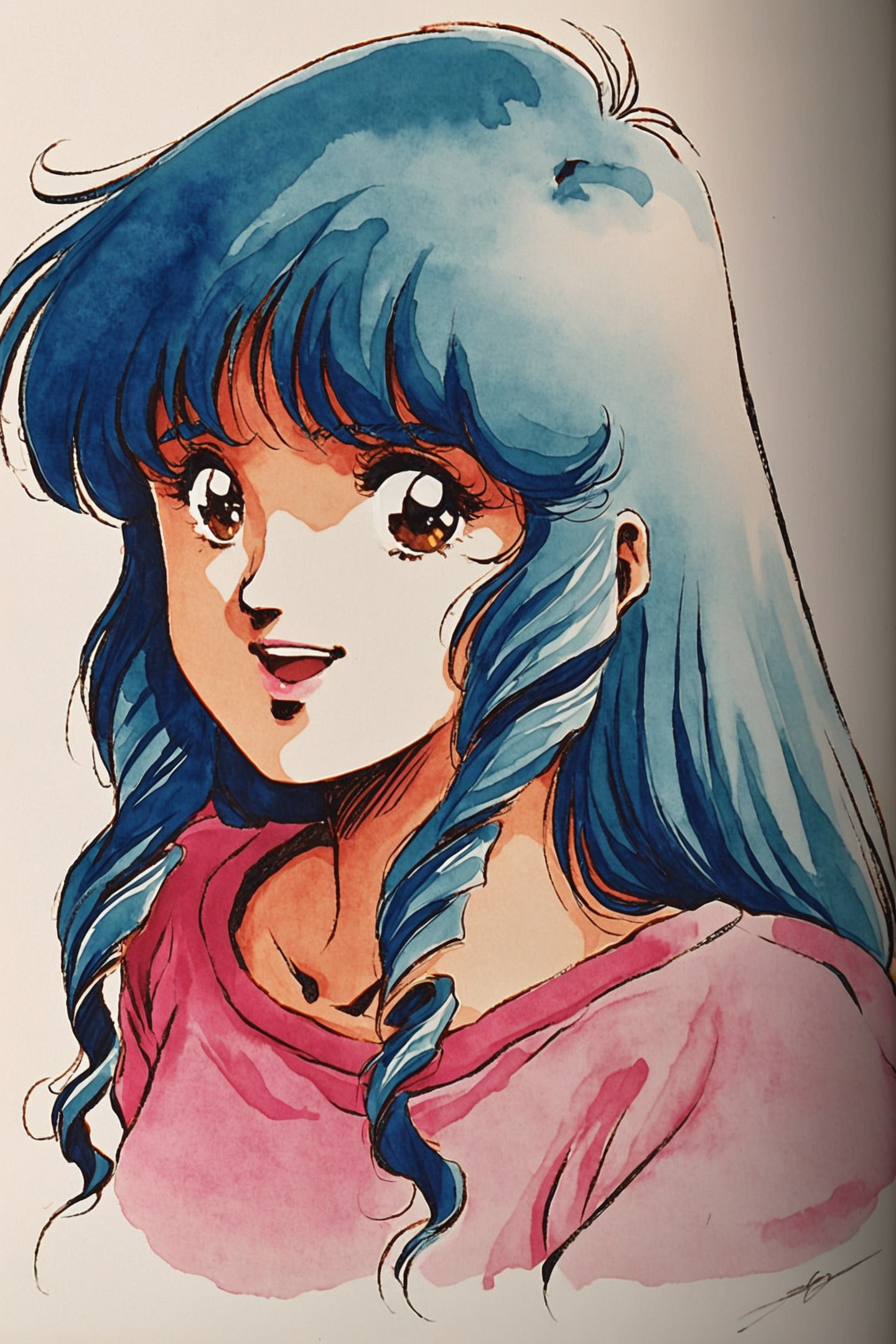 Haruhiko Mikimoto Style,
Lynn Minmay,1girl,solo,1980s (style),retro artstyle,long hair,blue hair,sweater,open mouth,brown eyes,light smile,drill hair,upper body,looking at viewer,traditional media,watercolor \(medium\),
<lora:super lora_flyx3_XL_V2:0.8>,