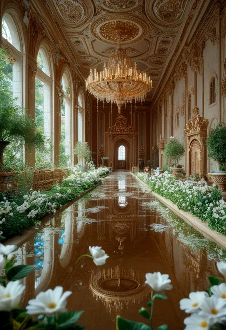 score_9, score_8_up, score_7_up, pmg style, porcelain, gold decorations, garden, floating, palace, multiple floors, flowing, open, white flowers, white marble, realistic, wide lens, detailed, reflective