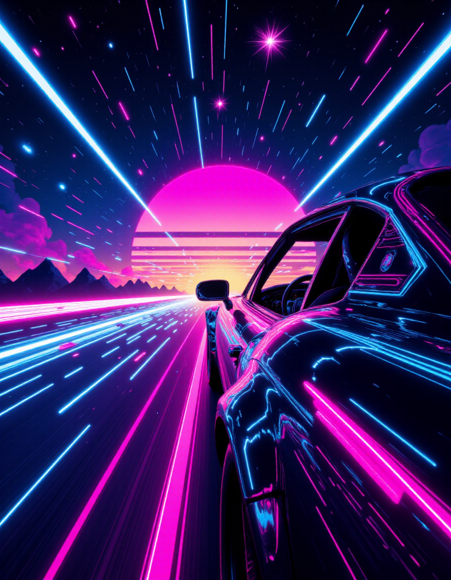 Space-themed 80s anime style, close up of man behind the wheel of sports car driving down a neon lit highway <lora:ImageUpgraderV2:1> detailmaximizer, max, details <lora:aidmaImageUpgrader:1> aidmaimageupgrader, max, details, blue, dark, white  <lora:ck-Neon-Retrowave:1> ck-rw, reflection, sunset, silhouette, night, in the style of ck-rw <lora:flux.1_dev_lora_rainbow-makeup-v1:0.7>rainbow color, gradient color . Cosmic, celestial, stars, galaxies, nebulas, planets, science fiction, highly detailed