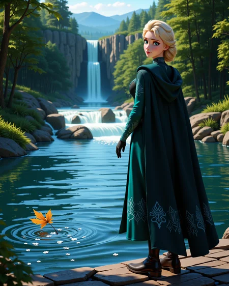 -looking at viewer, outdoors daylight, a 20 year old adult mature woman.
3d CGI Style,  back view photo of.
<lora:Frozen_-_Elsa_v2_000030:1> f-elsa, blue eyes, blonde hairdark teal long-sleeved dress with black bodice, blue patterns, dark cloak, gloves, traveling boots
A woman stands beside a flowing river, watching as the water rushes past, her hand tracing the path of a leaf floating along the surface.