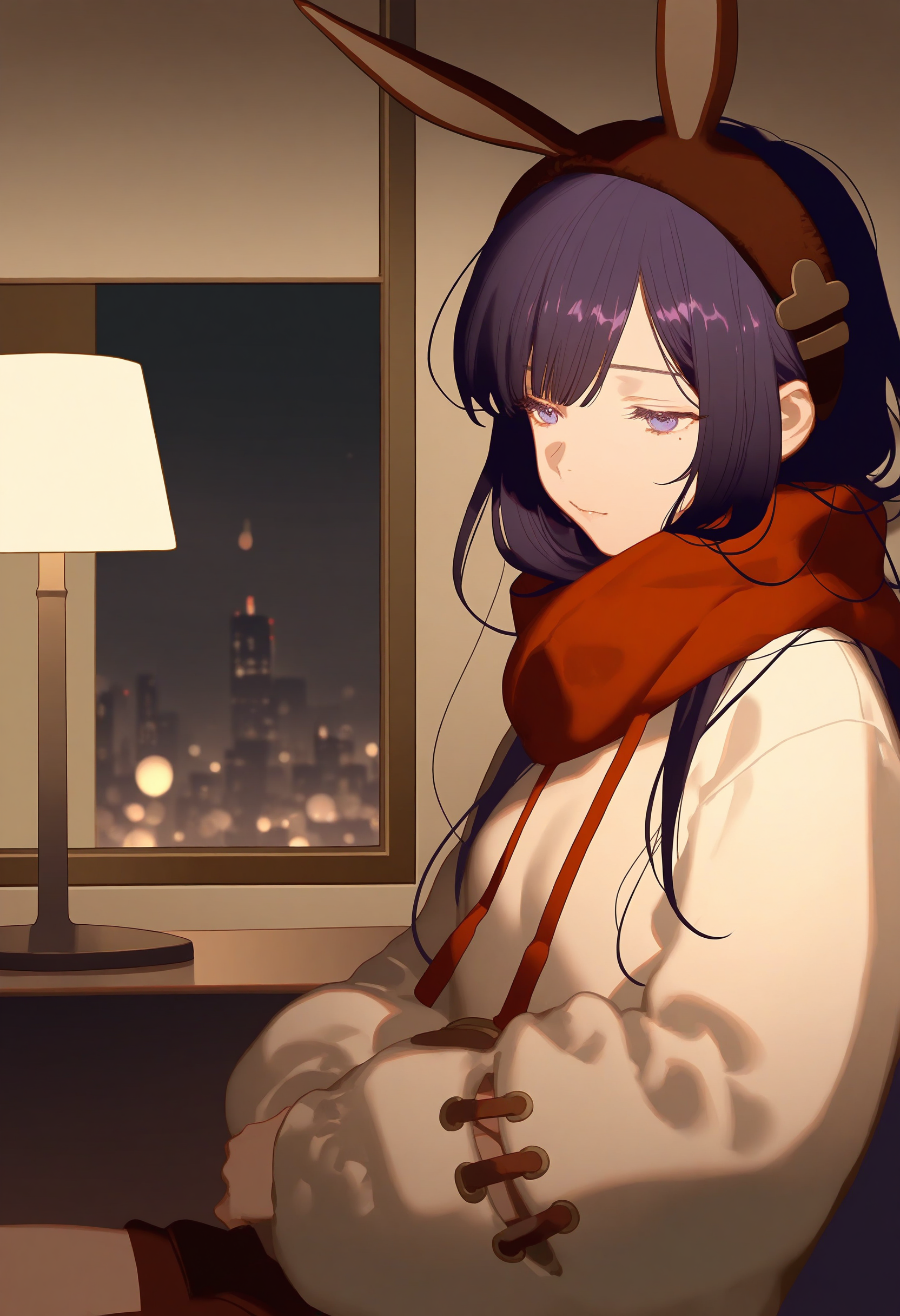 1girl,dark purple hair,sideloks,beila\(asoul\),beilapaja,fake animal ears,red scarf,long sleeves,
artist:rei \(sanbonzakura\),artist:ask \(askzy\),artist:ningen mame,artist:doremi (doremi4704),
sleepy,sitting at desk,bedroom,desk lamp,floor to ceiling window,large_view,street lights,cityscape,(dim lighting),(warm light:1.2),(low angle),soft expression,tired eyes,indoor,window view,(night:1.15),(dark theme),cozy,(soft focus),(warm theme),desk items,(lamp glow),(ambient light),gentle smile,subtle yawn,(quiet atmosphere:1.1),dim walls,(calm vibe),(peaceful mood),(serene ambience),(detailed furniture),(low contrast),(focused face),(charming),(natural light),(subtle brightness:0.8),gentle mood,soft shadow,(beautiful details),best quality,lifelike,detailed background,peaceful atmosphere,
(masterpiece:1.2),best quality,amazing quality,lively,vivid,dazzling,depth of field,
<lora:Bellatest4-000018:0.7>,