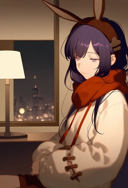 1girl,dark purple hair,sideloks,beila\(asoul\),beilapaja,fake animal ears,red scarf,long sleeves,
artist:rei \(sanbonzakura\),artist:ask \(askzy\),artist:ningen mame,artist:doremi (doremi4704),
sleepy,sitting at desk,bedroom,desk lamp,floor to ceiling window,large_view,street lights,cityscape,(dim lighting),(warm light:1.2),(low angle),soft expression,tired eyes,indoor,window view,(night:1.15),(dark theme),cozy,(soft focus),(warm theme),desk items,(lamp glow),(ambient light),gentle smile,subtle yawn,(quiet atmosphere:1.1),dim walls,(calm vibe),(peaceful mood),(serene ambience),(detailed furniture),(low contrast),(focused face),(charming),(natural light),(subtle brightness:0.8),gentle mood,soft shadow,(beautiful details),best quality,lifelike,detailed background,peaceful atmosphere,
(masterpiece:1.2),best quality,amazing quality,lively,vivid,dazzling,depth of field,
<lora:Bellatest4-000018:0.7>,